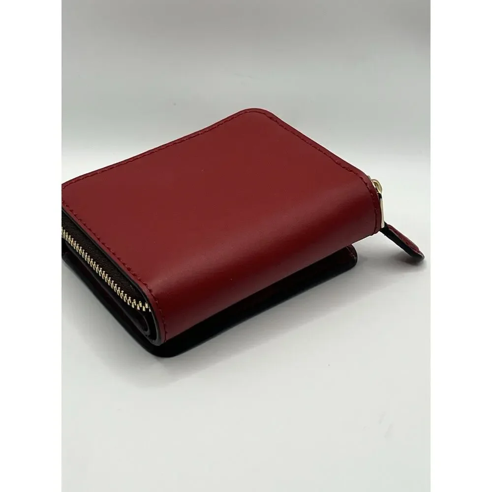 Coach Small Signature Monogram Canvas red leather Trifold Wallet mini compact